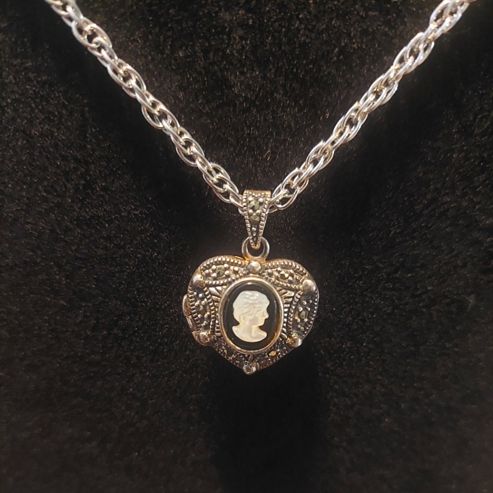 Silver and Black Cameo Locket Necklace
